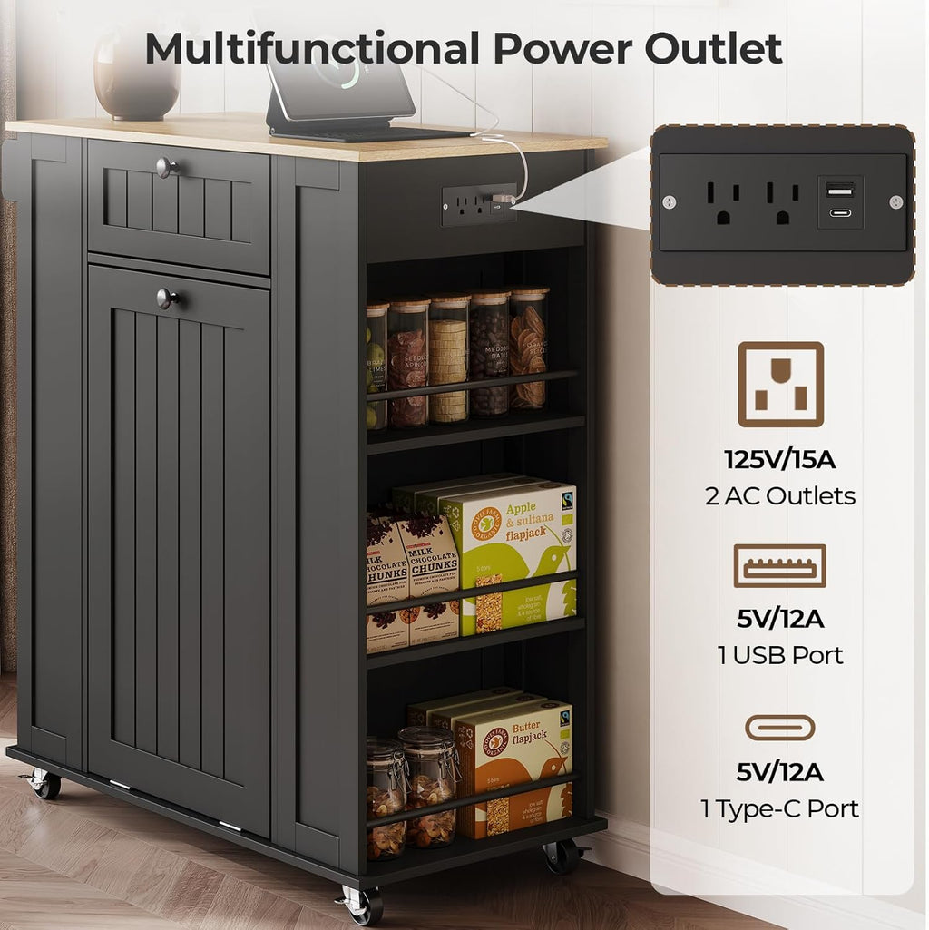 35" Kitchen Island with Trash Cabinet, Portable Rolling Cart with Power Outlet, Storage Drawer, 6-Tier Spice Rack, 4 Locking Casters for Kitchen Dining Living Room, Black