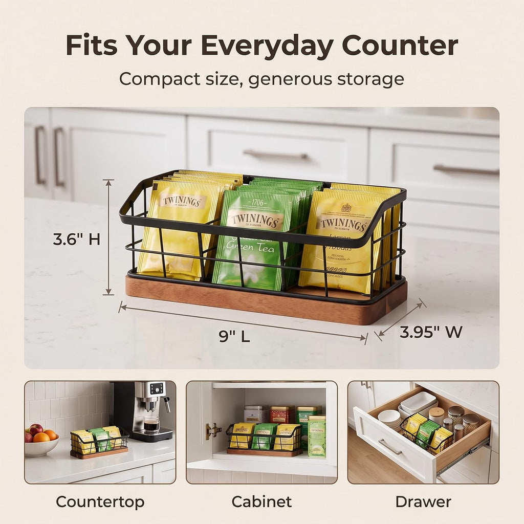 WILDMOS Tea Bag Organizer,Iron Wire Basket with Wooden Base.Tea Storage Containers with 3 Slots,Sugar Packet,Tea Bar Accessories for Countertop Cabinet Drawer.