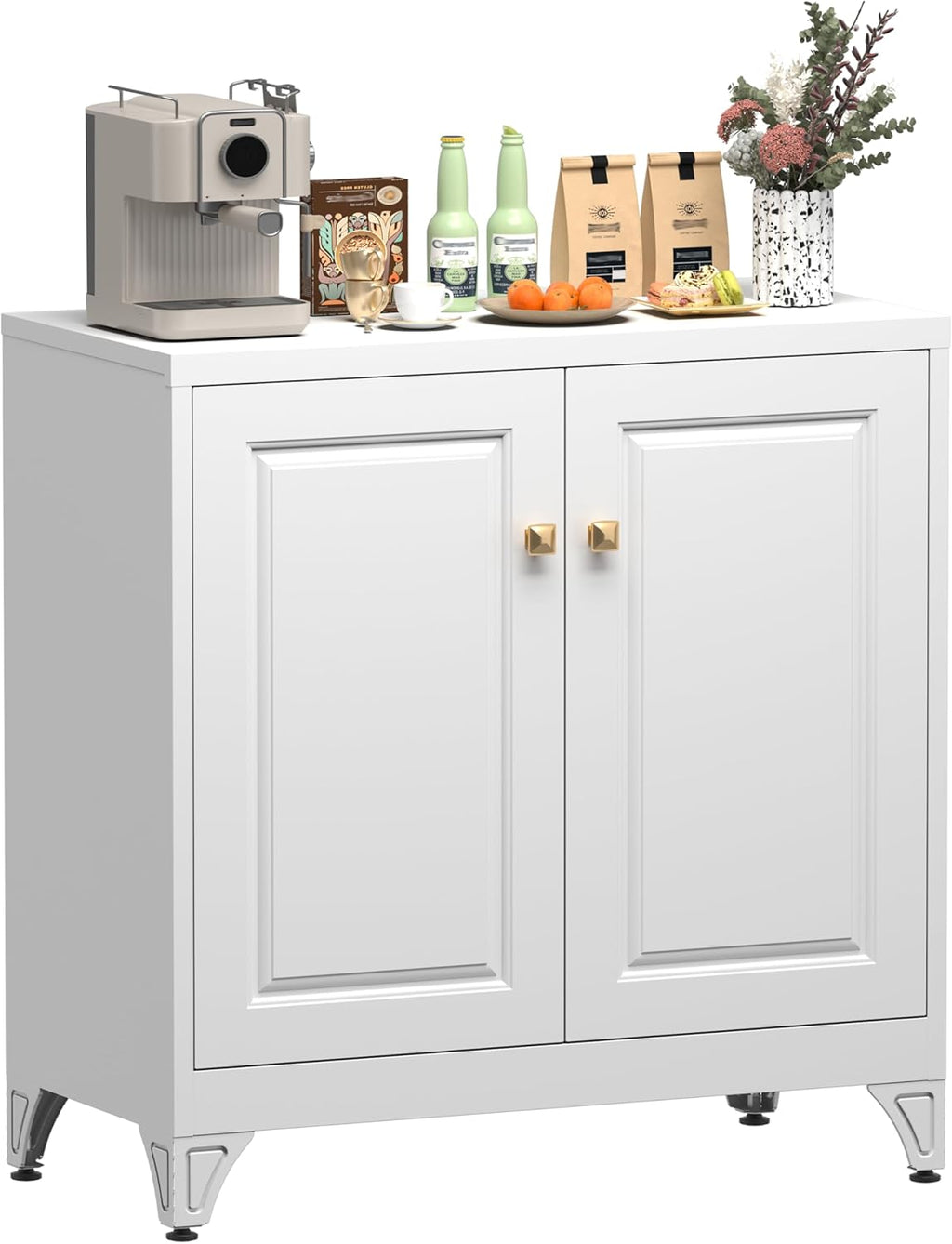 Polup Kitchen Buffet Table with Storage, 33" Tall Sideboard with Doors and Adjustable Shelves, Metal Buffet Cabinet, Modern Coffee Bar Console Cabinet for Living, Dining Room, White, Assemble Required