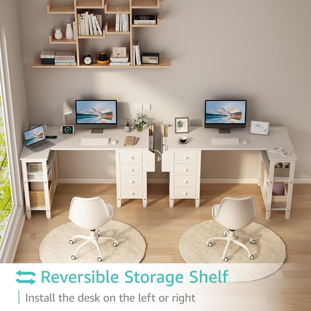 Lufeiya White L Shaped Computer Desk with Drawers & Storage Shelves, 47 Inch Corner Reversible Desk with Power Outlet for Home Office Bedroom, L-Shaped Teen PC Desks with Fabric Drawer, White