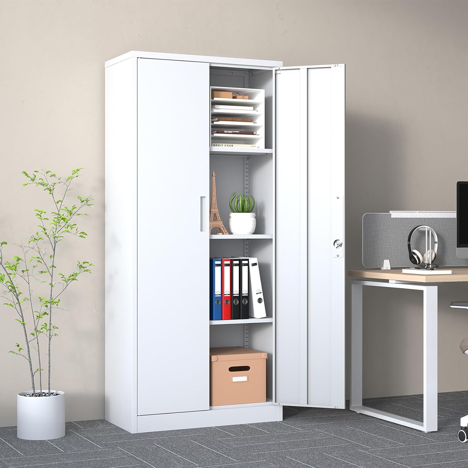 71" Tall Metal Storage Cabinet with Adjustable Shelves, Kitchen Pantry Storage Cabinet with 2 Doors, 31.5" W White Pantry Cabinet for Dining Room, Kitchen, Assembly Required, White