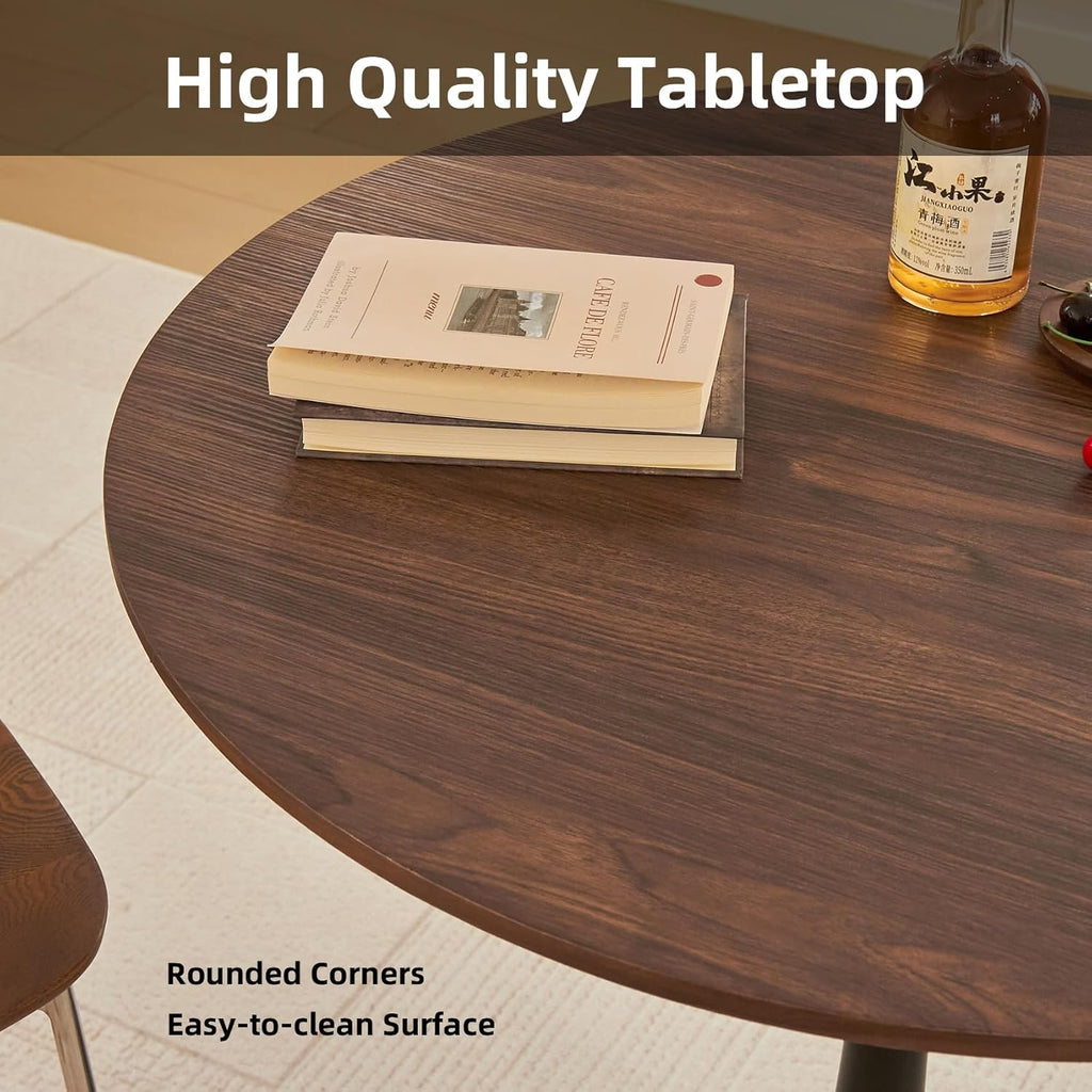 Round Dining Table 31.5" Circle Tulip Table with Thick Tabletop & Metal Pedestal, Mid-Century Modern Bistro Table for Kitchen, Living Room or Cafe, Faux Walnut
