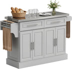 HOMCOM Rolling Kitchen Island Cart with 47" Stainless Steel Top, Portable Island Table for Kitchen with Wheels, Adjustable Shelves, 2 Drawers, Spice, Knife and Towel Rack, Gray