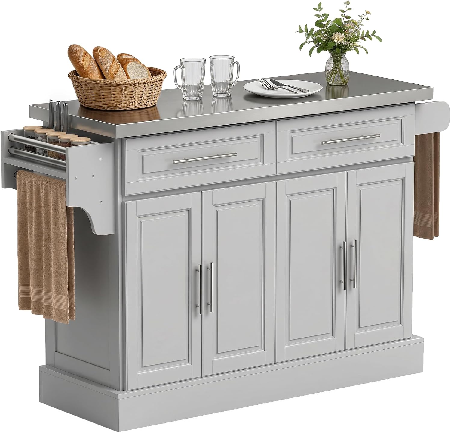 HOMCOM Rolling Kitchen Island Cart with 47" Stainless Steel Top, Portable Island Table for Kitchen with Wheels, Adjustable Shelves, 2 Drawers, Spice, Knife and Towel Rack, Gray