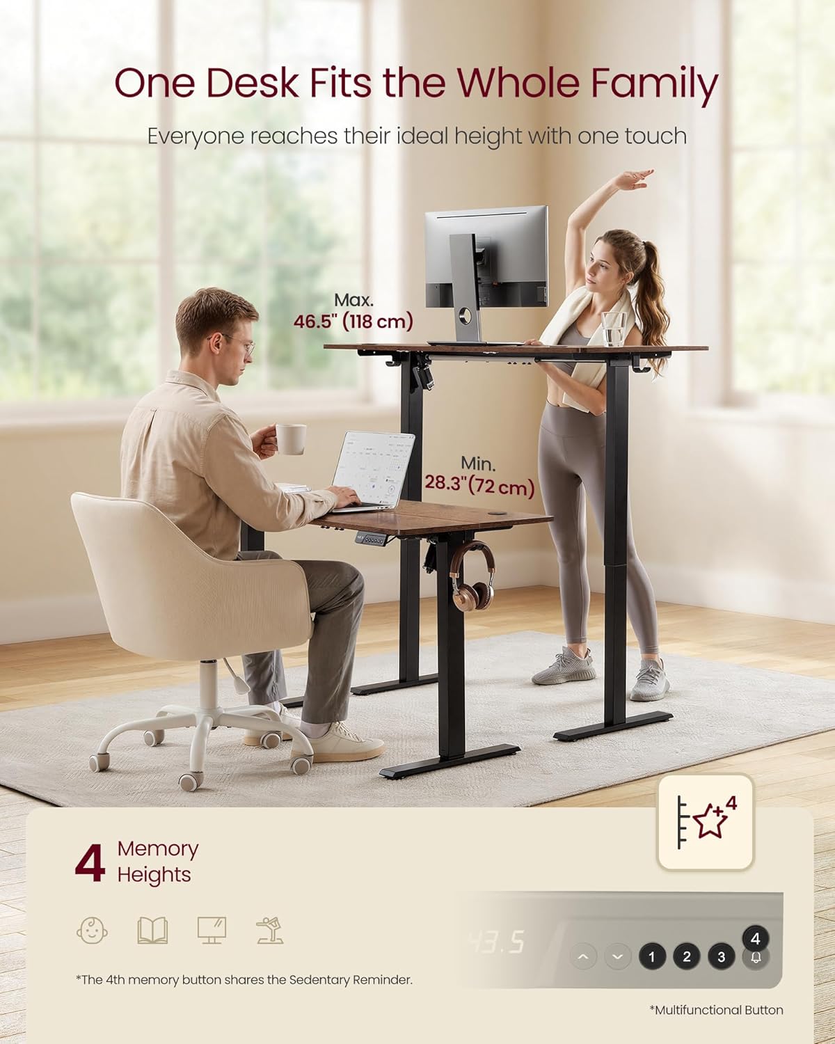 VASAGLE Electric Standing Desk, 55.1 x 27.6 Inches Height Adjustable Desk, Sedentary Reminder, 4 Memory Heights, for Home Office, Rustic Brown ULSD315KD020S