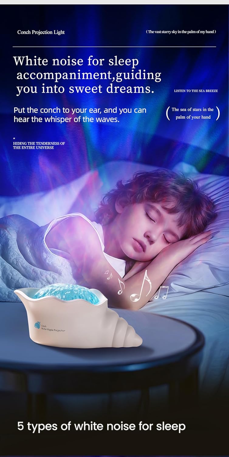 Conch Ocean Wave Light Projector, 14 Colors Changing Dynamic Ripple Light Dimmable Mood Lighting with Memory Function, 5 White Noise, Decor Lamp for Bedroom Bathroom Playroom Cool Gifts