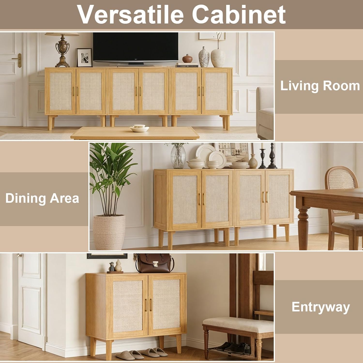 EVLIQUIL 32.2" Rattan Sideboard Cabinet, Modern Accent Storage Cabinet with Adjustable Shelf and Solid Wood Legs for Kitchen, Living Room, Entryway, Natural Oak