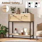 GOFLAME Rattan Console Table, Boho Entryway Table with 2 Drawers & Open Storage Shelf, Narrow Long Sofa Table with Metal Legs, Foyer Table Behind Couch Table for Living Room, Hallway, Natural