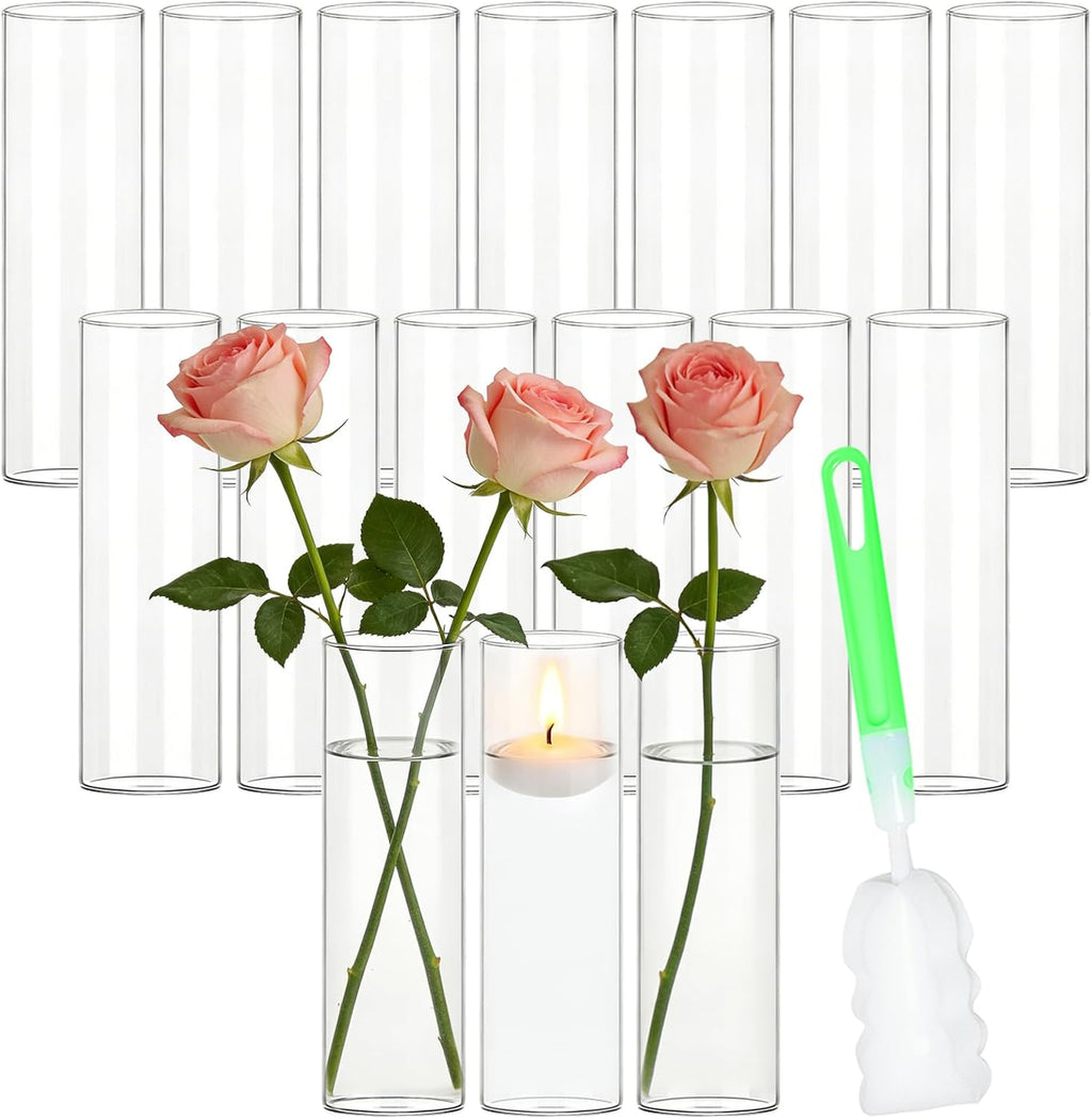16 Pack Glass Cylinder Bud Vases for Centerpieces, 7.8” H x 2.5” W Clear Flower Vases Bulk, Floating Candle Holder for Wedding Party Home Decor