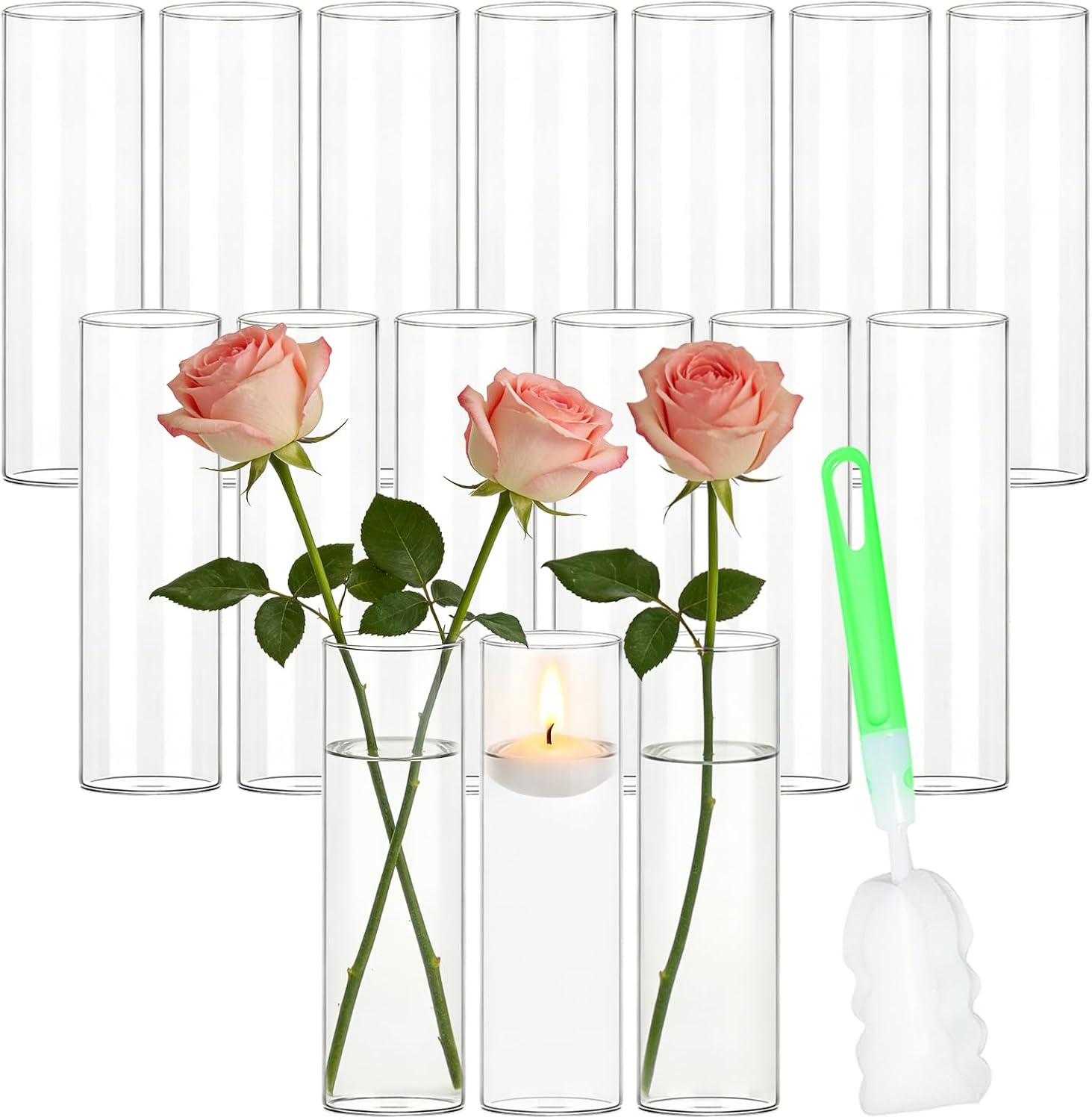 16 Pack Glass Cylinder Bud Vases for Centerpieces, 7.8” H x 2.5” W Clear Flower Vases Bulk, Floating Candle Holder for Wedding Party Home Decor