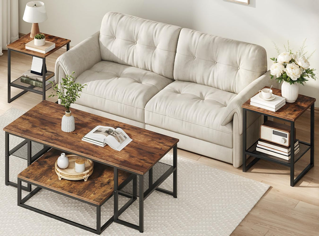 Coffee Table Set of 4, Nesting Coffee Table and 2 Side Tables | Industrial Square Coffee Table with Storage, Metal Frame, for Small Spaces, Apartment, Living Room, Rustic Brown and Black