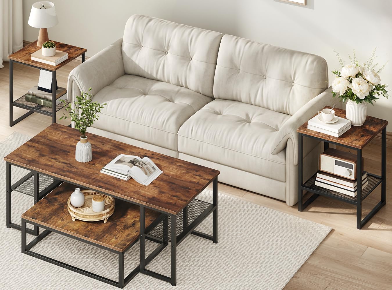 Coffee Table Set of 4, Nesting Coffee Table and 2 Side Tables | Industrial Square Coffee Table with Storage, Metal Frame, for Small Spaces, Apartment, Living Room, Rustic Brown and Black