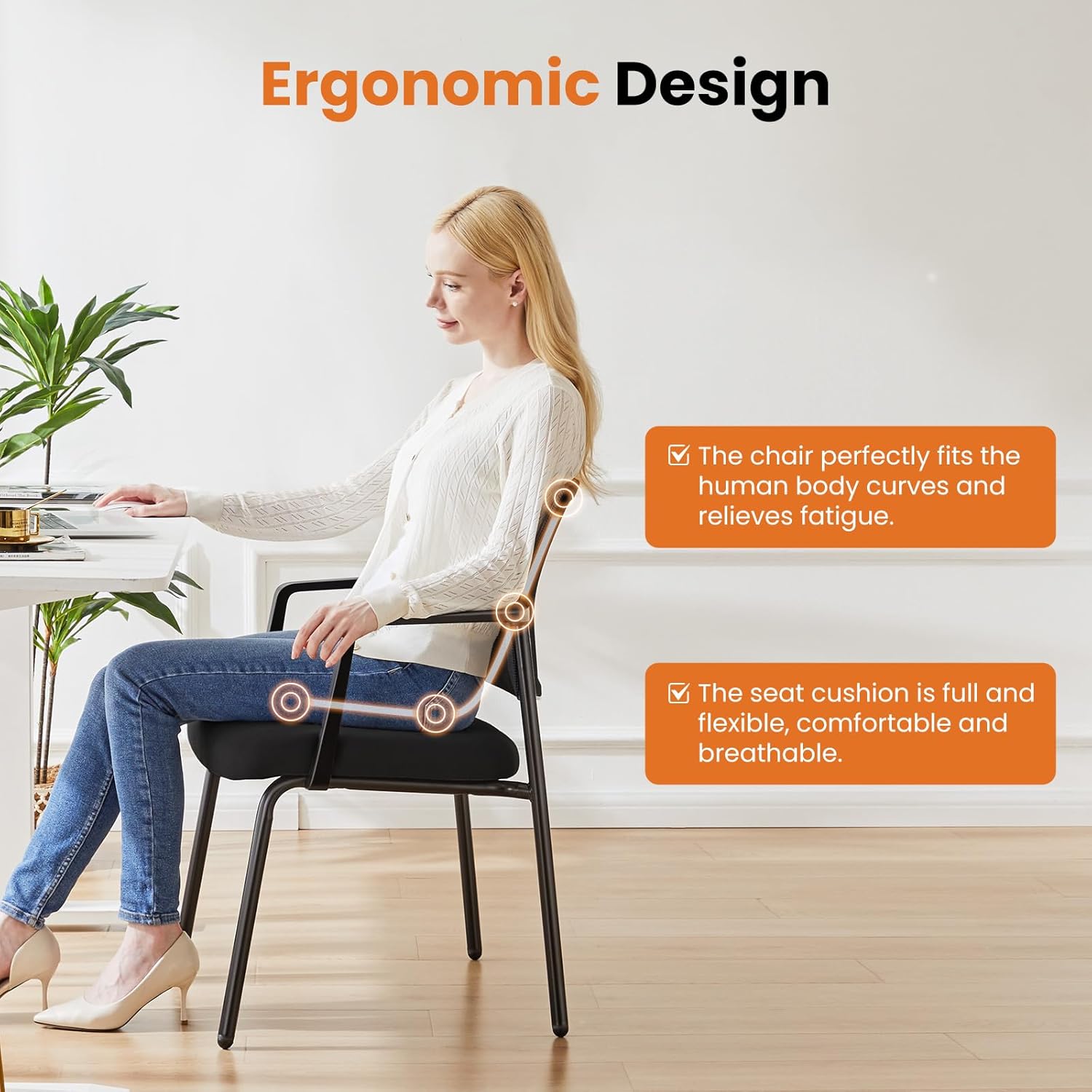 DUMOS Black Stackable Arm Reception Chairs with Mesh Back and Upholstered Fabric Cushion, Sturdy Metal Frame, Easy to Store and Use, Perfect for Indoor and Outdoor Spaces, 2 Chair