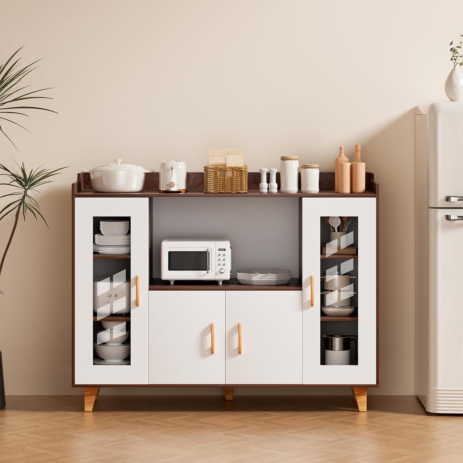 120cm Kitchen Storage Cabinet with 4 Doors & Open Shelf, Wood Grain Buffet Sideboard for Dining Room, Multi-Purpose TV Stand & Coffee Bar Cabinet Brown
