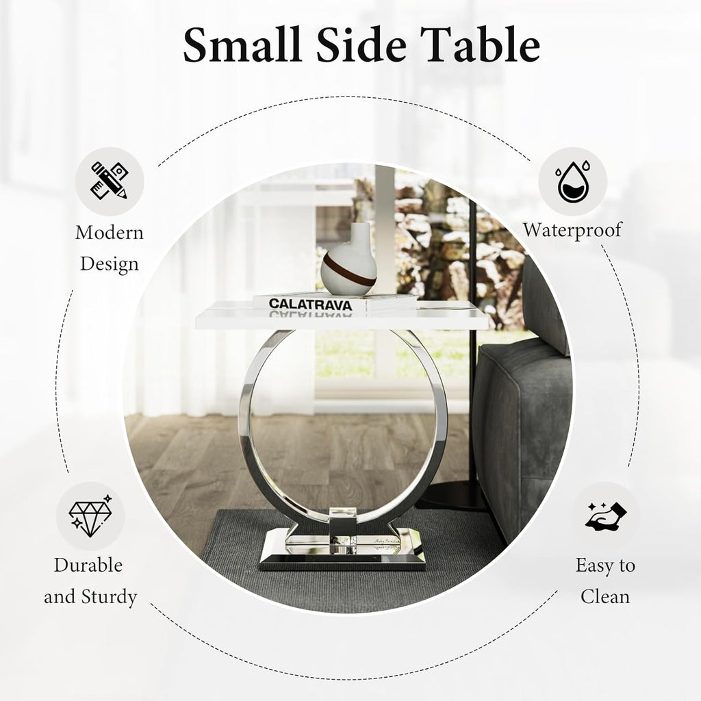 Asday 23.6" White and Silver End Table, Modern Side Table with Glossy Wooden Top and Stainless Steel U-Shaped Base, Accent Table for Living Room, Bedroom, Lounge