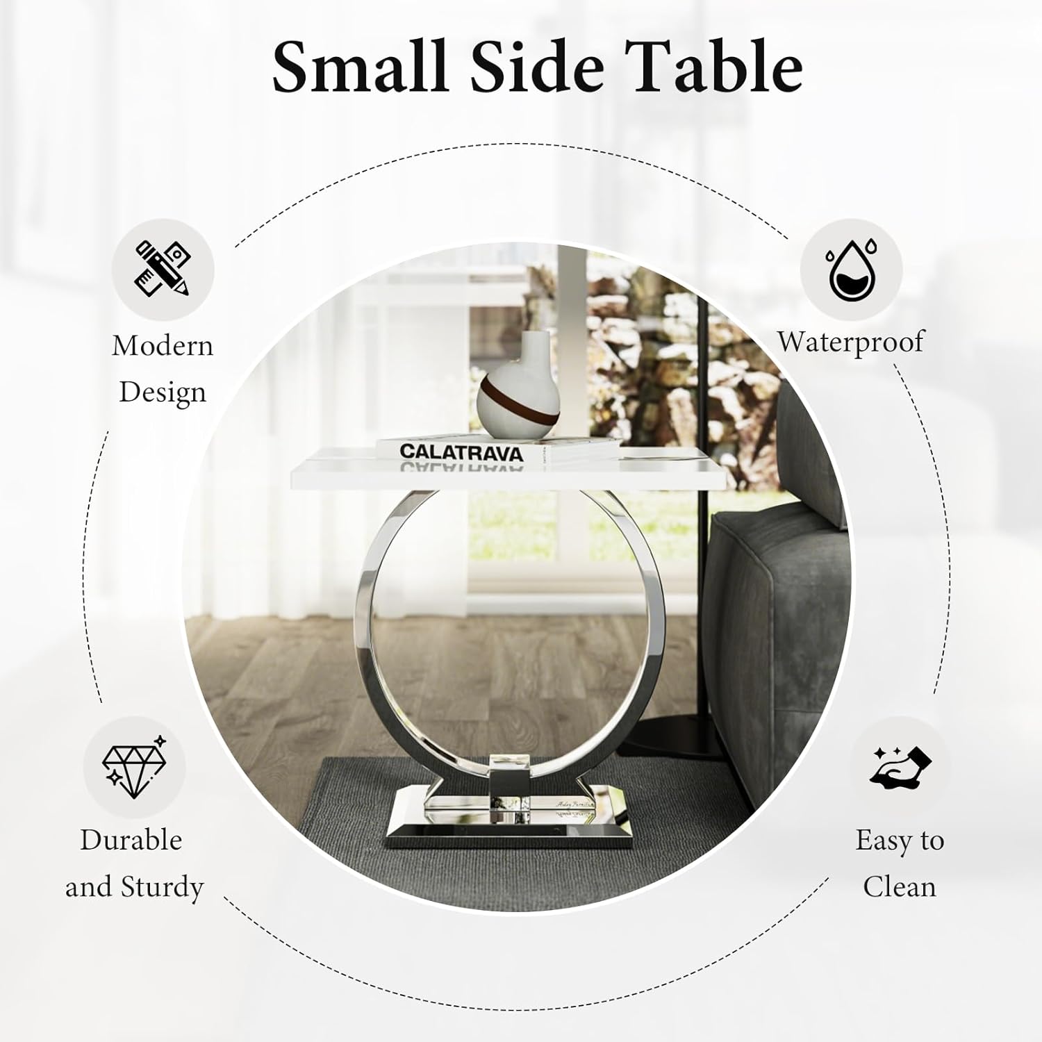 Asday 23.6" White and Silver End Table, Modern Side Table with Glossy Wooden Top and Stainless Steel U-Shaped Base, Accent Table for Living Room, Bedroom, Lounge