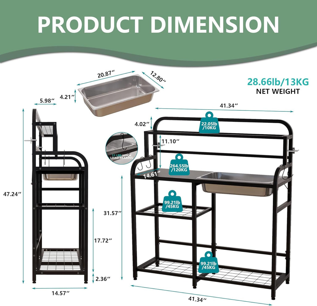 Outdoor Potting Bench Table with Sink & Storage, Heavy Duty Metal Gardening Workbench, 4-Tier Garden Potting Station with Hooks, Adjustable Height Planting Table for Patio Lawn Backyard, Black