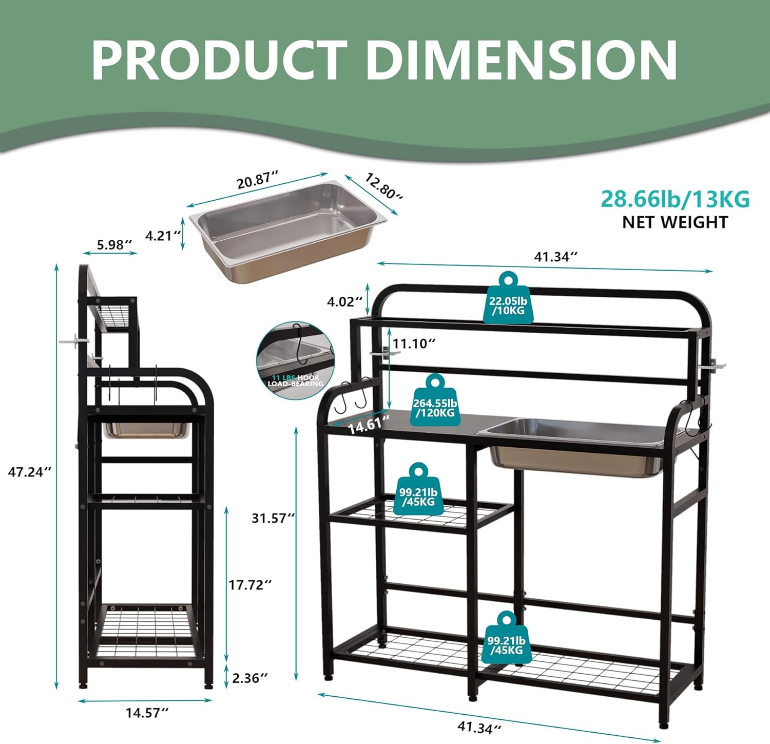 Outdoor Potting Bench Table with Sink & Storage, Heavy Duty Metal Gardening Workbench, 4-Tier Garden Potting Station with Hooks, Adjustable Height Planting Table for Patio Lawn Backyard, Black