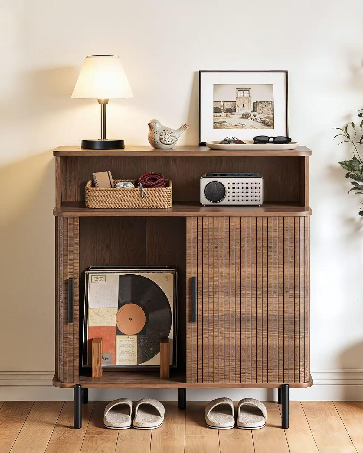SUNCOZE Buffet Sideboard Cabinet with Big Storage Space, Fluted Coffee Bar Cabinet with Shelves, Modern Wood Console Cabinet for Kitchen, Entryway & Living Room (Walnut)