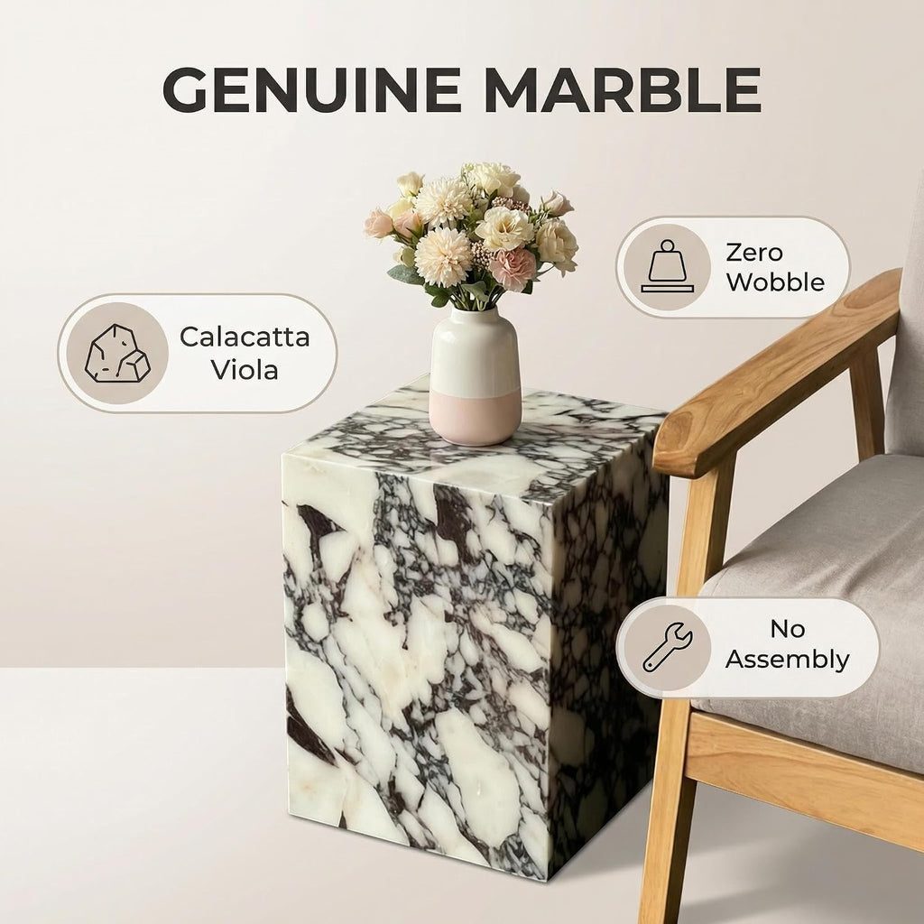 Natural Calacatta Viola Marble Side Table, 11.8" Square End Table for Living Room and Bedroom, Luxury Real Stone Nightstand, Heavy Duty Small Coffee Table, No Assembly Required, 19.6" Height