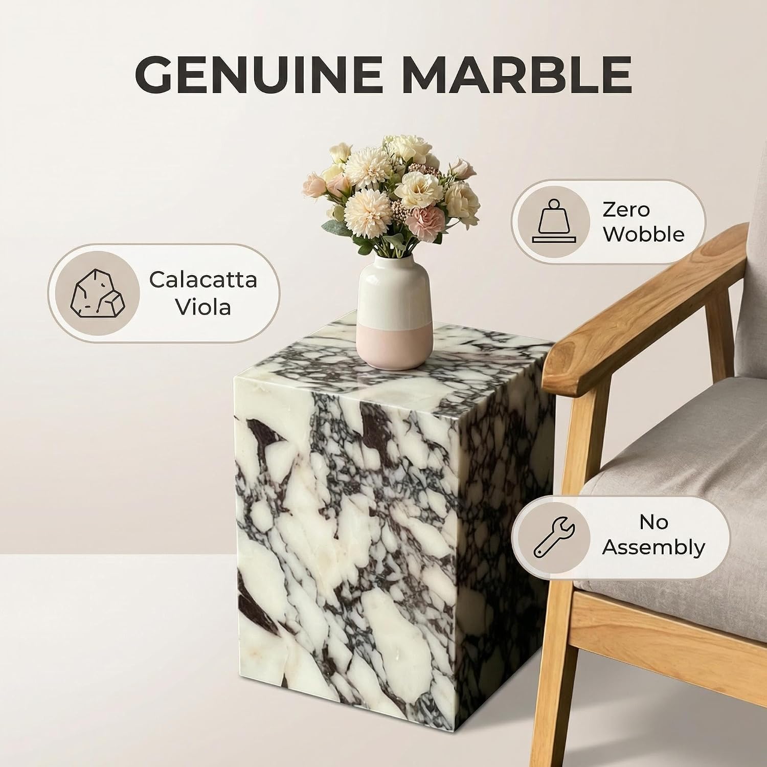 Natural Calacatta Viola Marble Side Table, 11.8" Square End Table for Living Room and Bedroom, Luxury Real Stone Nightstand, Heavy Duty Small Coffee Table, No Assembly Required, 19.6" Height