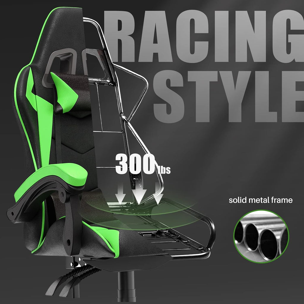 Racingreat Gaming Chair High Back, Ergonomic Computer Gamer Chair with Headrest and Lumbar Support, Racing Style Reclining Game Chair for Adults, Kids (Green-Black)