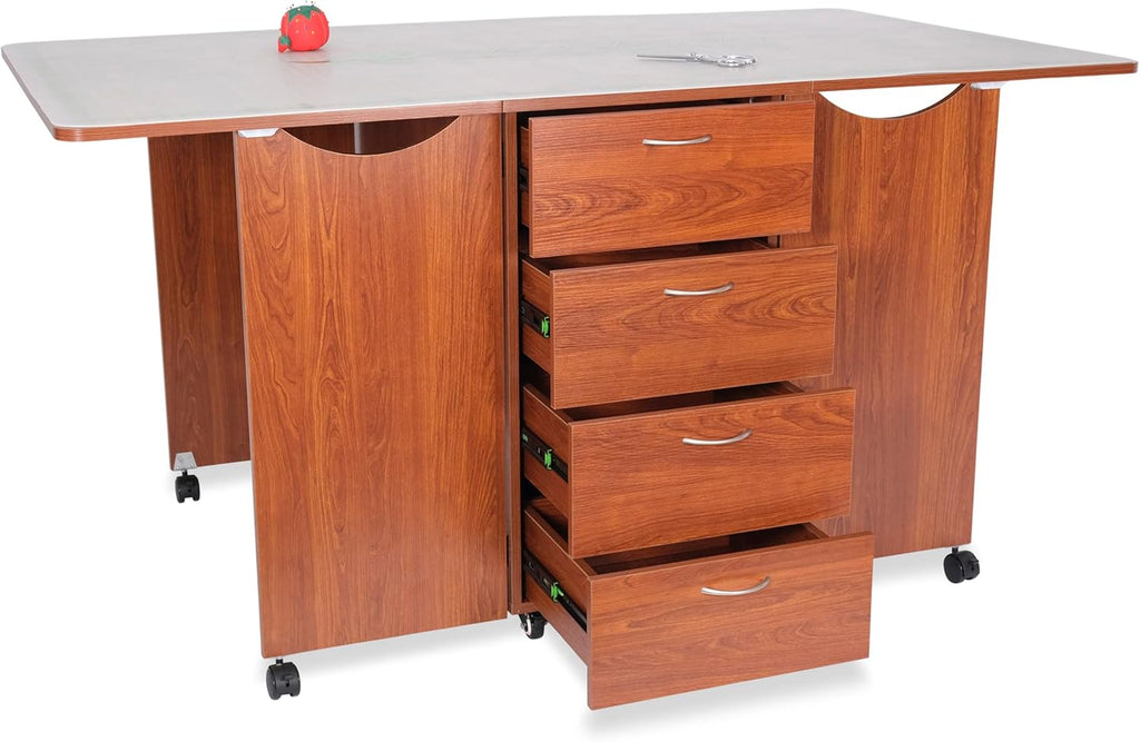 Kangaroo Kookaburra Cutting Table – Large Sewing, Quilting & Craft Workstation with Expandable 70” x 40” Surface, Storage Drawers, Shelves & Rolling Locking Casters, Teak Finish