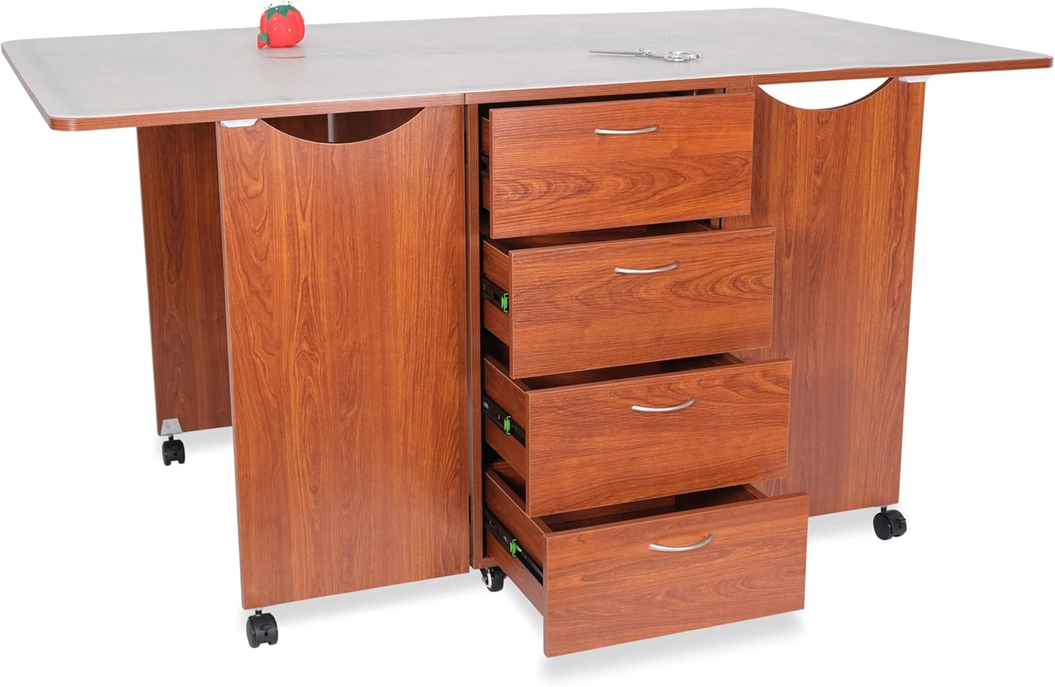 Kangaroo Kookaburra Cutting Table – Large Sewing, Quilting & Craft Workstation with Expandable 70” x 40” Surface, Storage Drawers, Shelves & Rolling Locking Casters, Teak Finish
