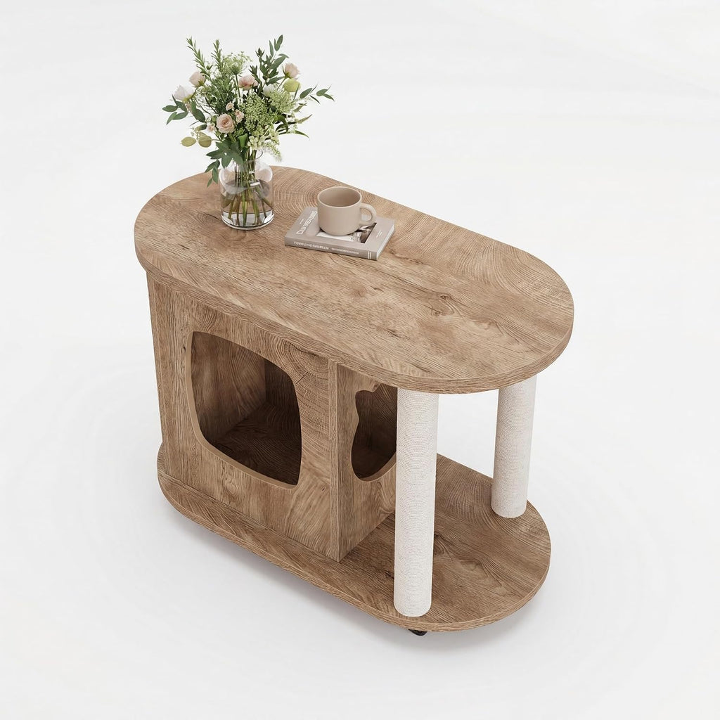 Tribesigns End Table, Sofa Side Table with Scratching Posts and Cat Bed | Oval, 360° Swivel Caster Wheels, Multifunctional Design, for Bedroom Living Room, White and Brown