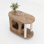 Tribesigns End Table, Sofa Side Table with Scratching Posts and Cat Bed | Oval, 360° Swivel Caster Wheels, Multifunctional Design, for Bedroom Living Room, White and Brown