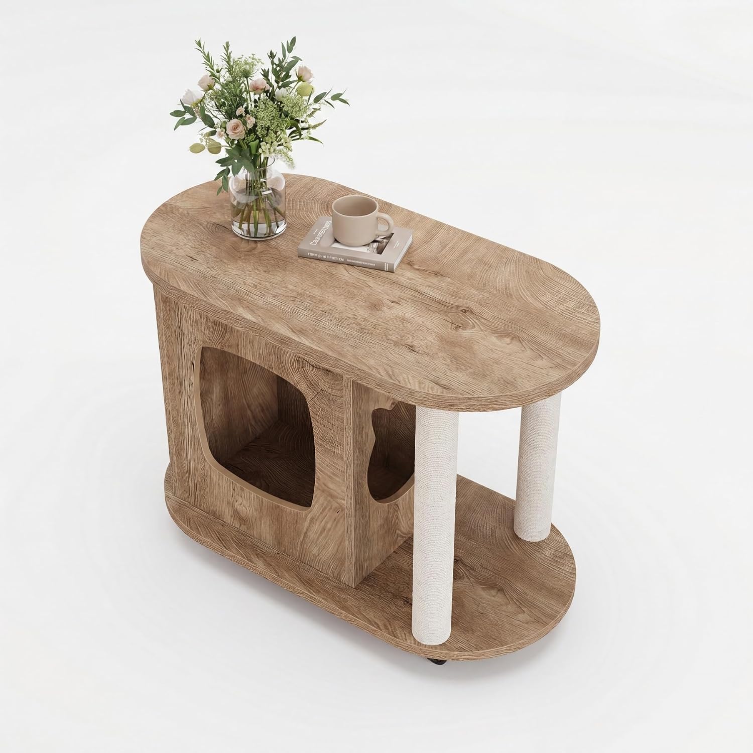 Tribesigns End Table, Sofa Side Table with Scratching Posts and Cat Bed | Oval, 360° Swivel Caster Wheels, Multifunctional Design, for Bedroom Living Room, White and Brown
