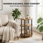 Small Rattan Side Table with Storage, 3 Tier Round/Oval End Table with Rattan Shelf, Boho Nightstand, Tool Free Assembly/Screw-Hole Free Tabletop-Living Room Bedroom-Brown