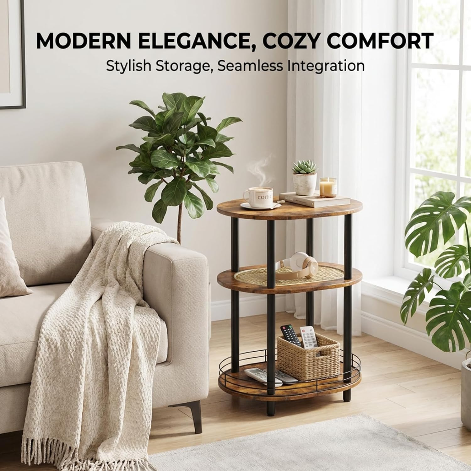 Small Rattan Side Table with Storage, 3 Tier Round/Oval End Table with Rattan Shelf, Boho Nightstand, Tool Free Assembly/Screw-Hole Free Tabletop-Living Room Bedroom-Brown