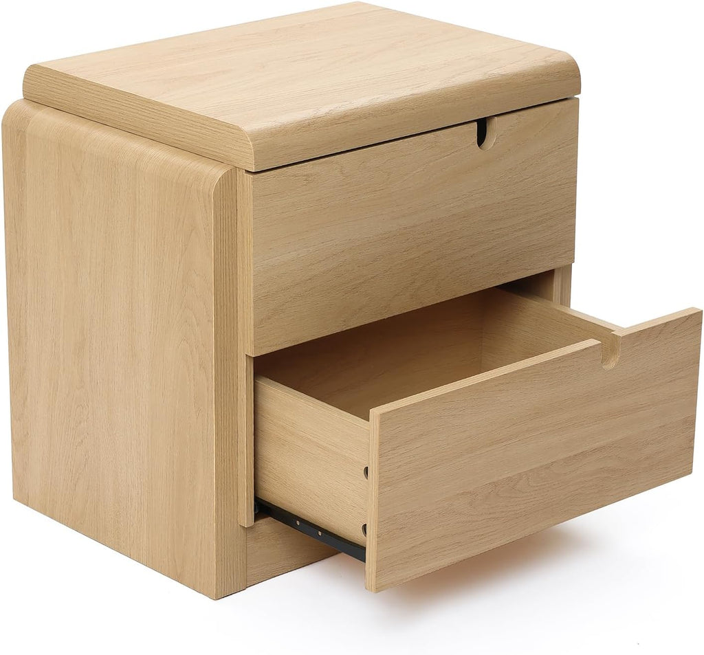 LuxenHome 21" H Modern Nightstand with 2 Drawers, Mid Century Modern Oak Night Stand with Curved Edge, Bedside Table with Storage, Wooden Accent End Table, Small Night Stand for Bedroom, Living Room