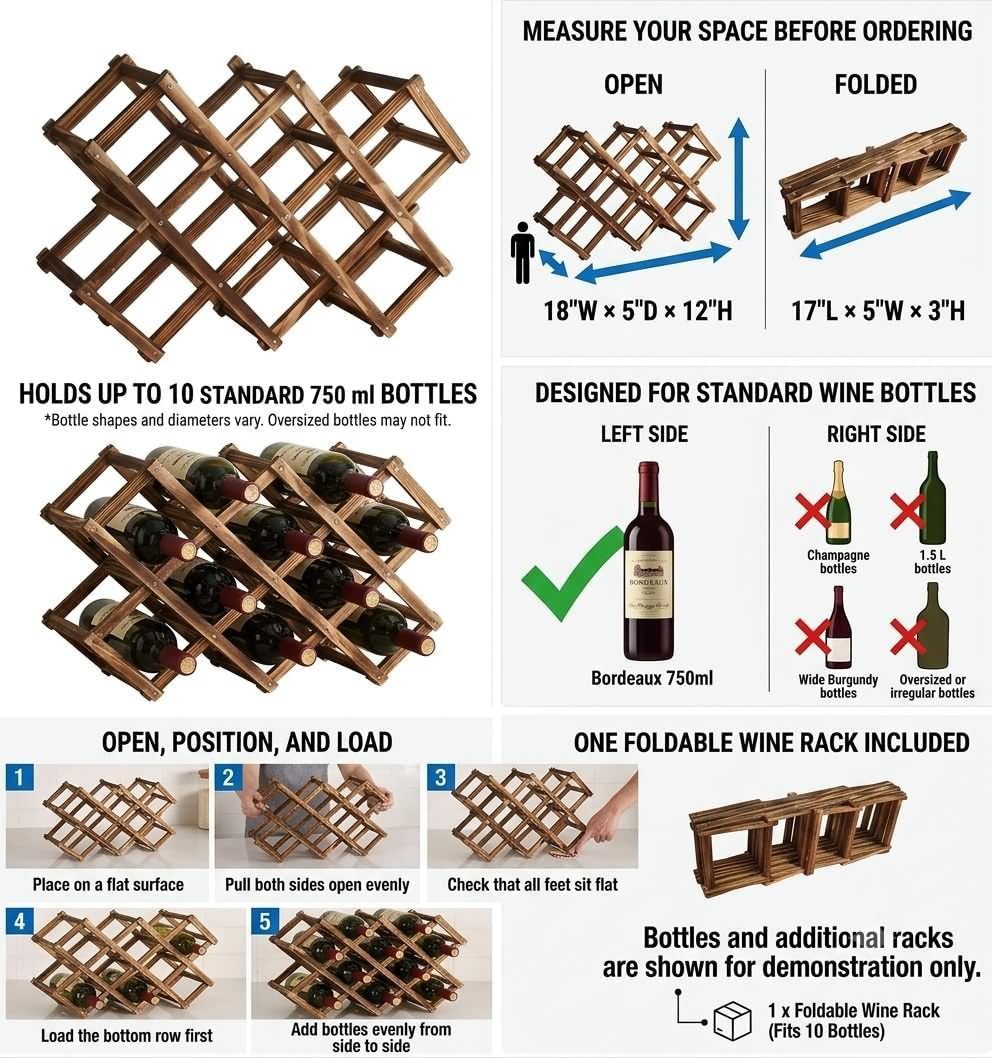 Foldable Wooden Wine Rack, 10-Bottle Expandable Countertop Wine Holder with 8 Individual Slots and Top Storage, Carbonized Pine, No Assembly Required