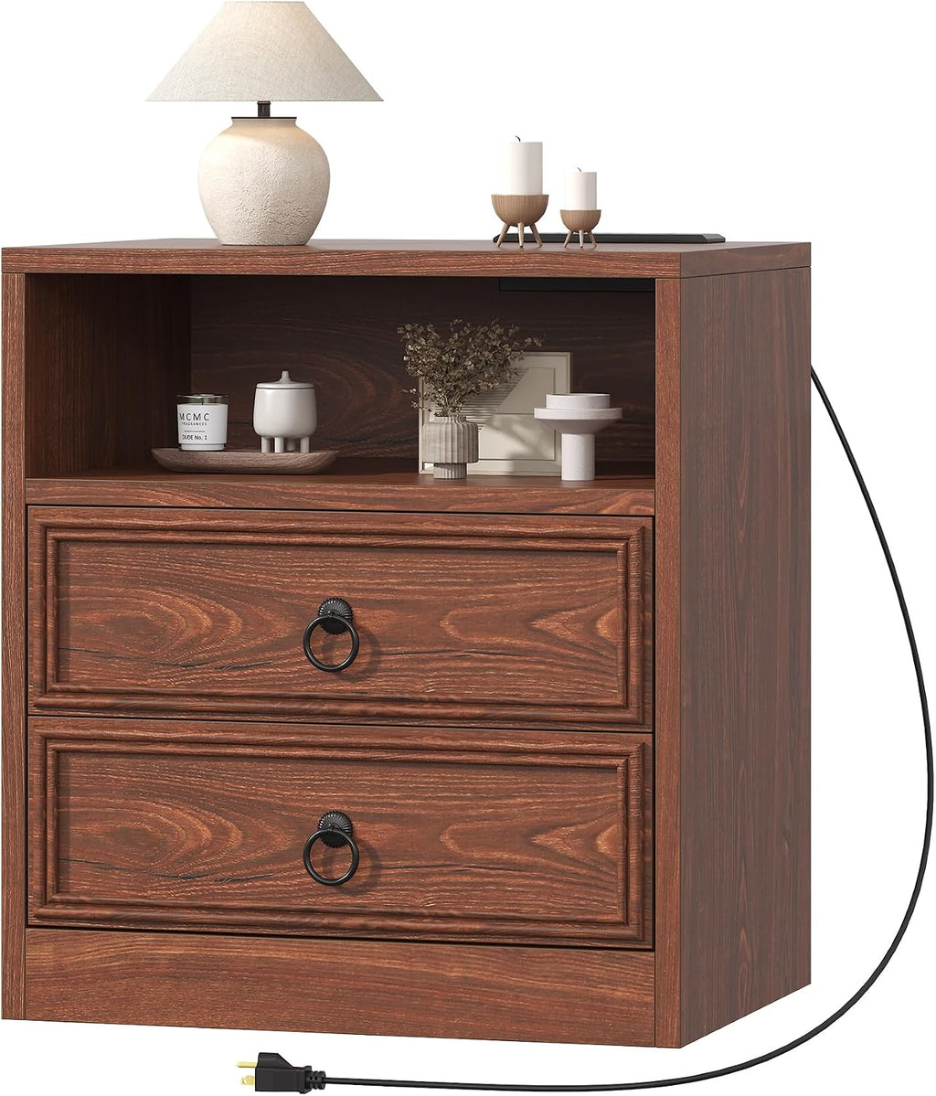 VVFLU Farmhouse Nightstand with Charging Station, 21.7" Wide End Table with 2 Drawers & Open Compartment, Cherry Wood Side Table, Bedside Table for Bedroom, Living Room, Sofa