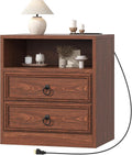 VVFLU Farmhouse Nightstand with Charging Station, 21.7" Wide End Table with 2 Drawers & Open Compartment, Cherry Wood Side Table, Bedside Table for Bedroom, Living Room, Sofa