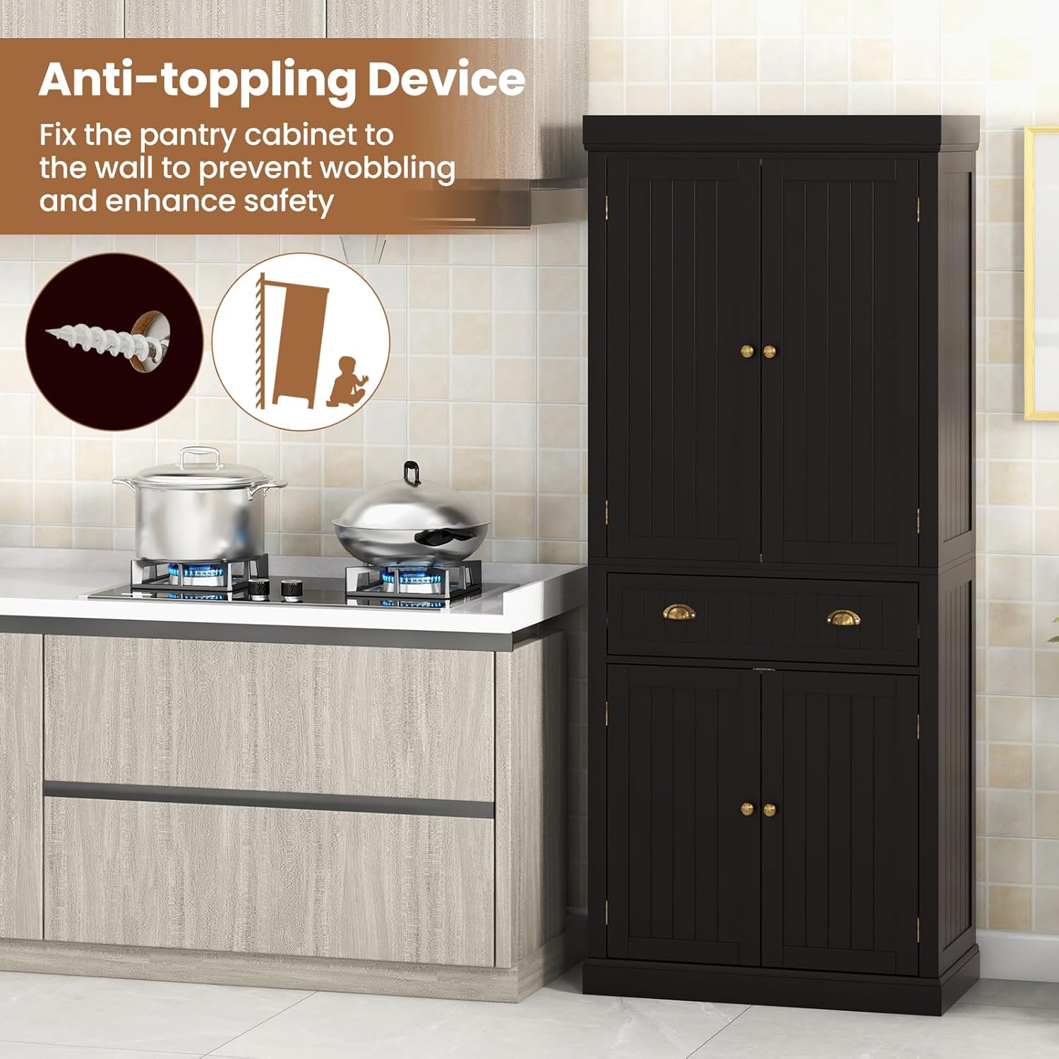 72" Kitchen Pantry Cabinet, Kitchen Cupboard with 2 Double-Doors Cabinet, Large Drawer, 4 Adjustable Shelves, Traditional Tall Storage Cabinets for Dining Room, Bathroom, Brown