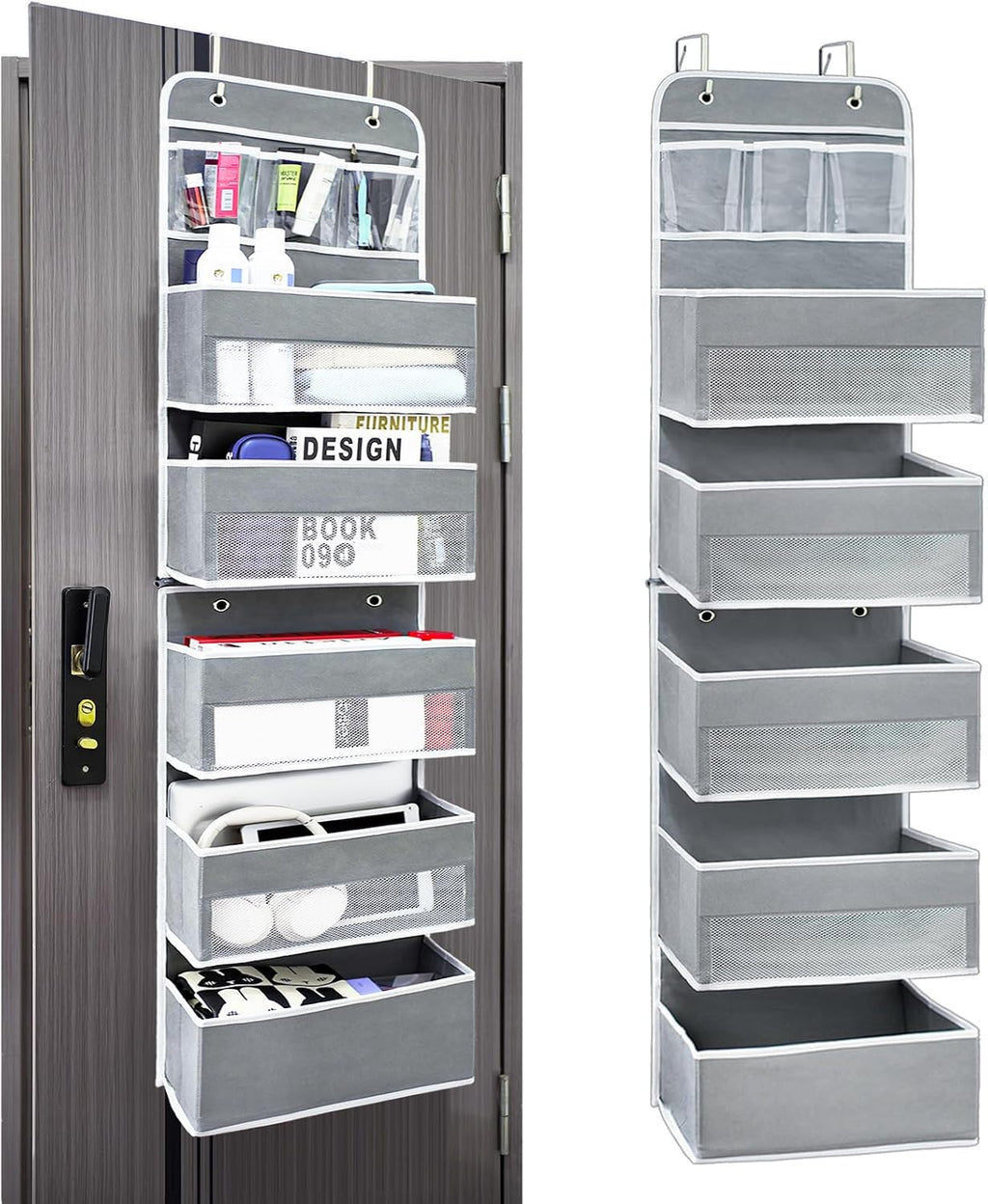 Easy Assembly Over The Door Organizer, 6 Shelves& 10 Side Pockets, Heavy-Duty Reinforced Mesh Rack Holds 44lb, Hanging Behind Door Storage for Bathroom Pantry, Nursery, Closet, Shoes, Towels-Grey