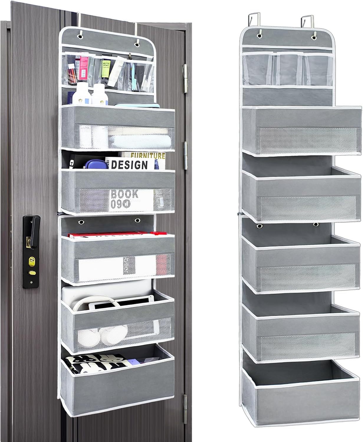 Easy Assembly Over The Door Organizer, 6 Shelves& 10 Side Pockets, Heavy-Duty Reinforced Mesh Rack Holds 44lb, Hanging Behind Door Storage for Bathroom Pantry, Nursery, Closet, Shoes, Towels-Grey