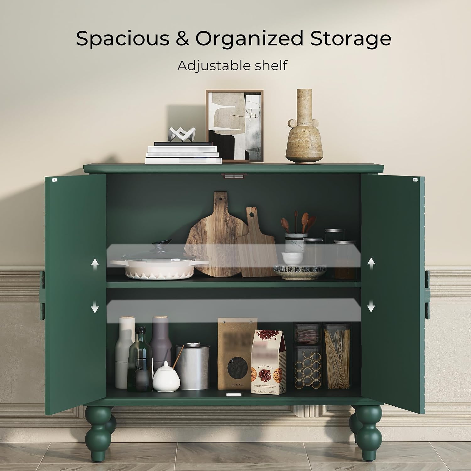 Buffet Cabinet with Storage, Accent Cabinet with 2 Carved Doors, Solid Wood Sideboard with Adjustable Shelf, Vintage Cabinets for Kitchen, Living Room, Entryway, Green