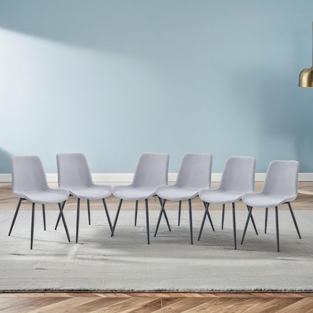 Modern Dining Chairs Set of 6, Linen-Cotton Upholstered Kitchen Chairs with Rounded Backrest, Ergonomic Integrated Seat with Adjustable Feet & Metal Legs for Dining Room, Office, Light Grey