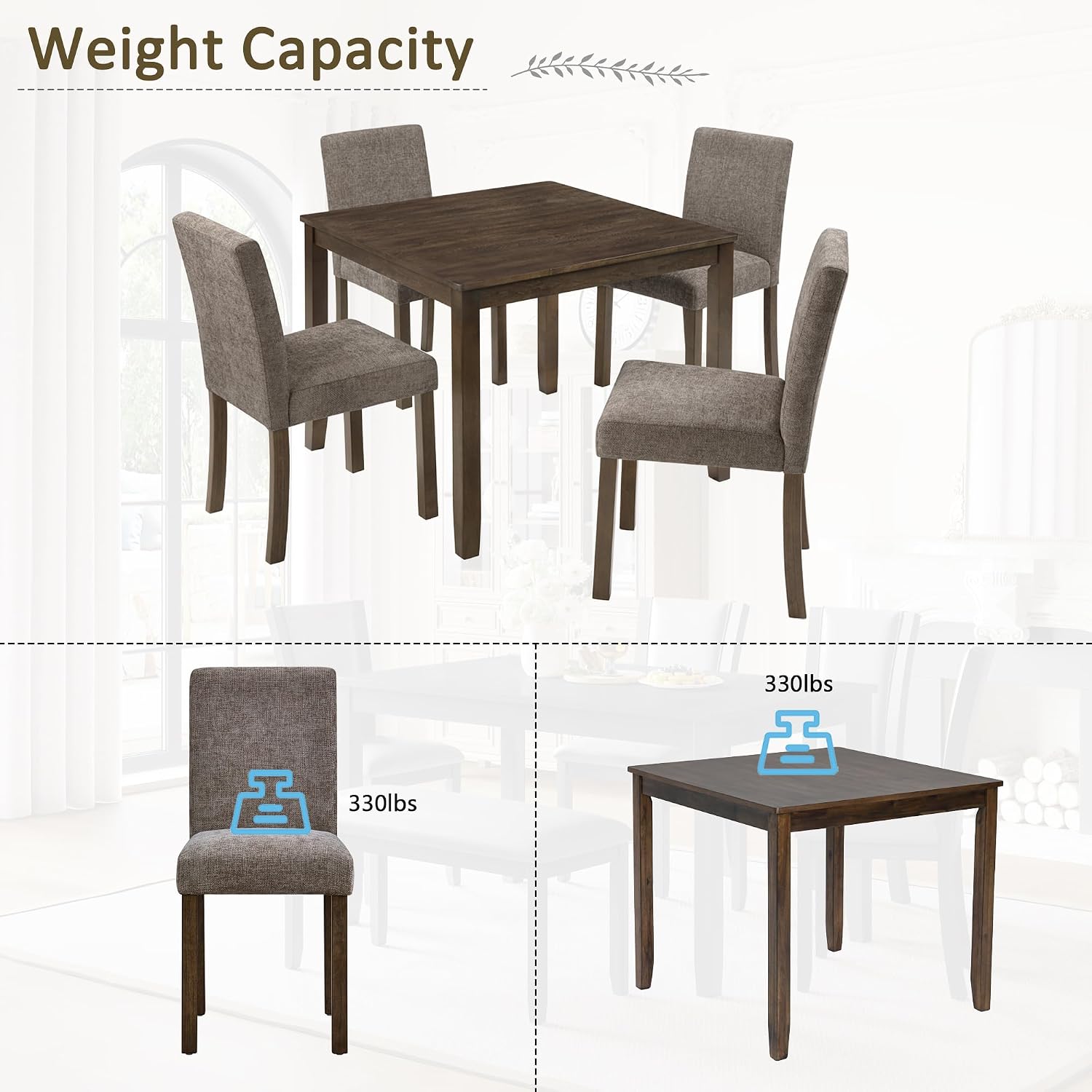 Harper & Bright Designs 5-Piece Dining Table Set with 4 Chairs, 34.5" Square Farmhouse Kitchen Table for Small Spaces, Rustic Walnut Wooden Dining Set for 4 People, Apartment & Dining Room