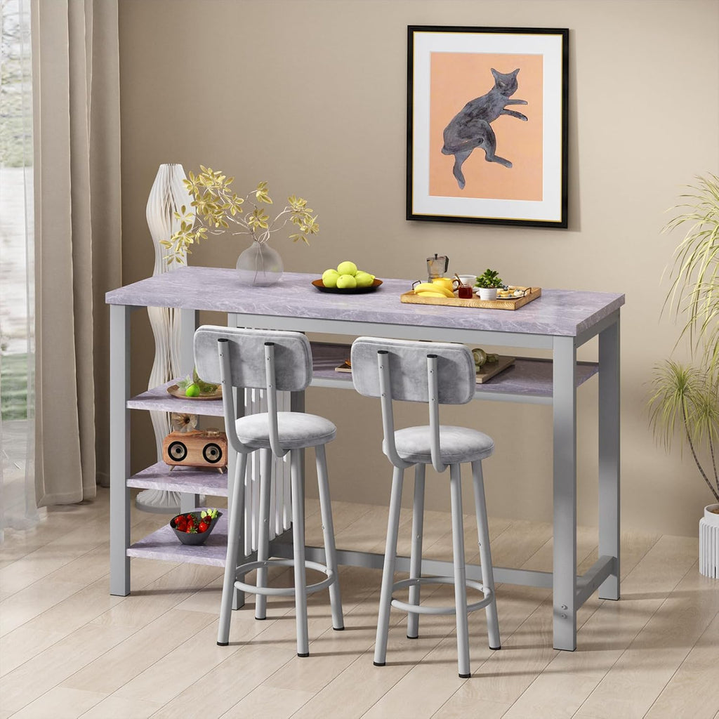 AWQM 3-Piece Bar Table and Chairs Set, Modern Gray Table with 2 PU Cushion Bar Stools, Kitchen Counter with 3 Tier Storage Shelves, Space Saving Table for Home & Kitchen, Black Frame