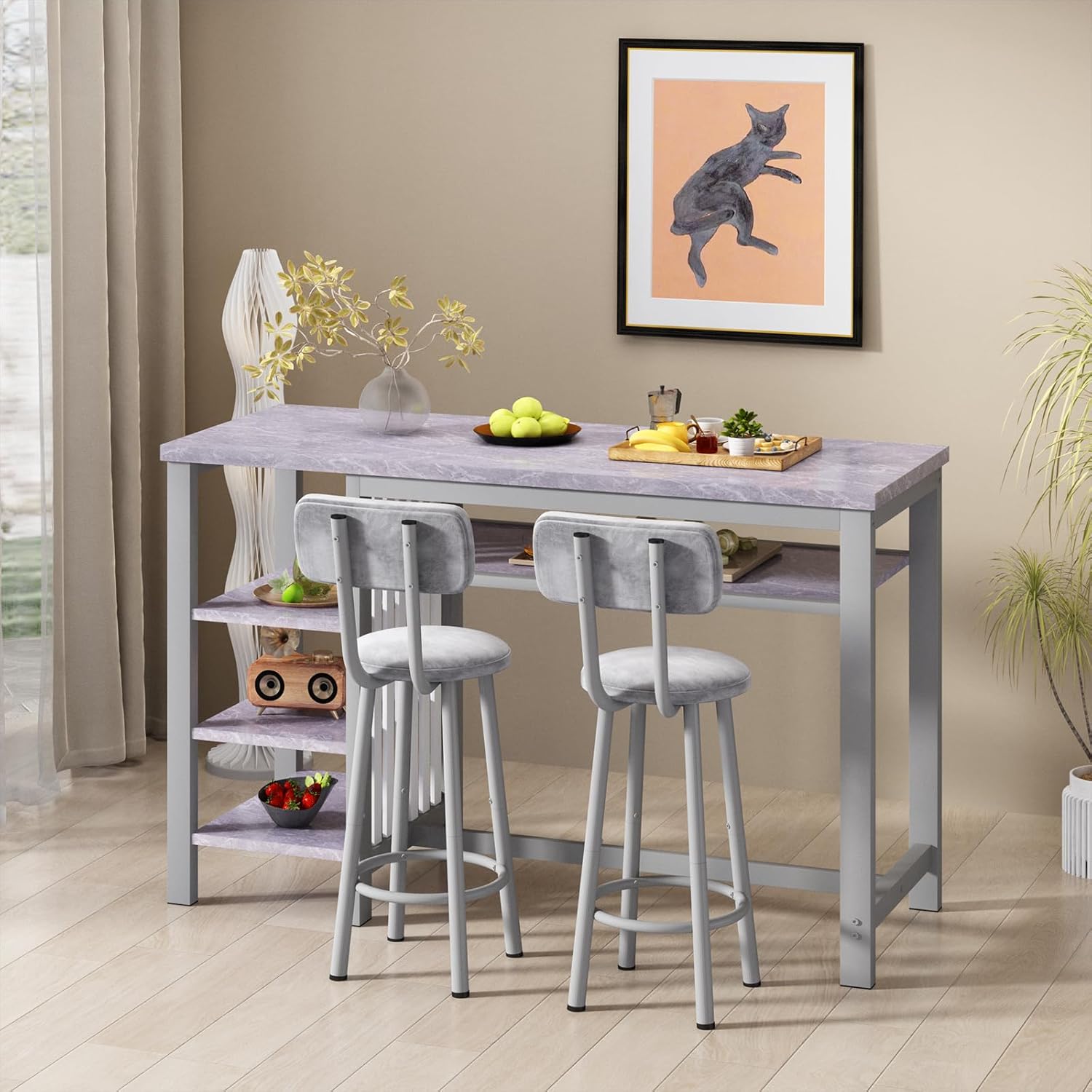 AWQM 3-Piece Bar Table and Chairs Set, Modern Gray Table with 2 PU Cushion Bar Stools, Kitchen Counter with 3 Tier Storage Shelves, Space Saving Table for Home & Kitchen, Black Frame