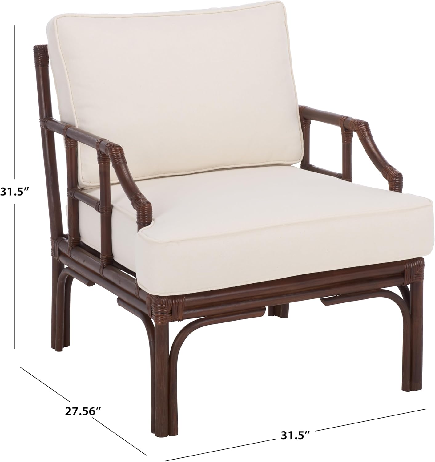 SAFAVIEH Furniture - Kazumi Accent Chair - Coastal Design White Cushion & Chocolate Brown Rattan - Fully Assembled - Ideal for Living Room, Bedroom, Dining Space, 19.7" Seat Height (ACH6508C)