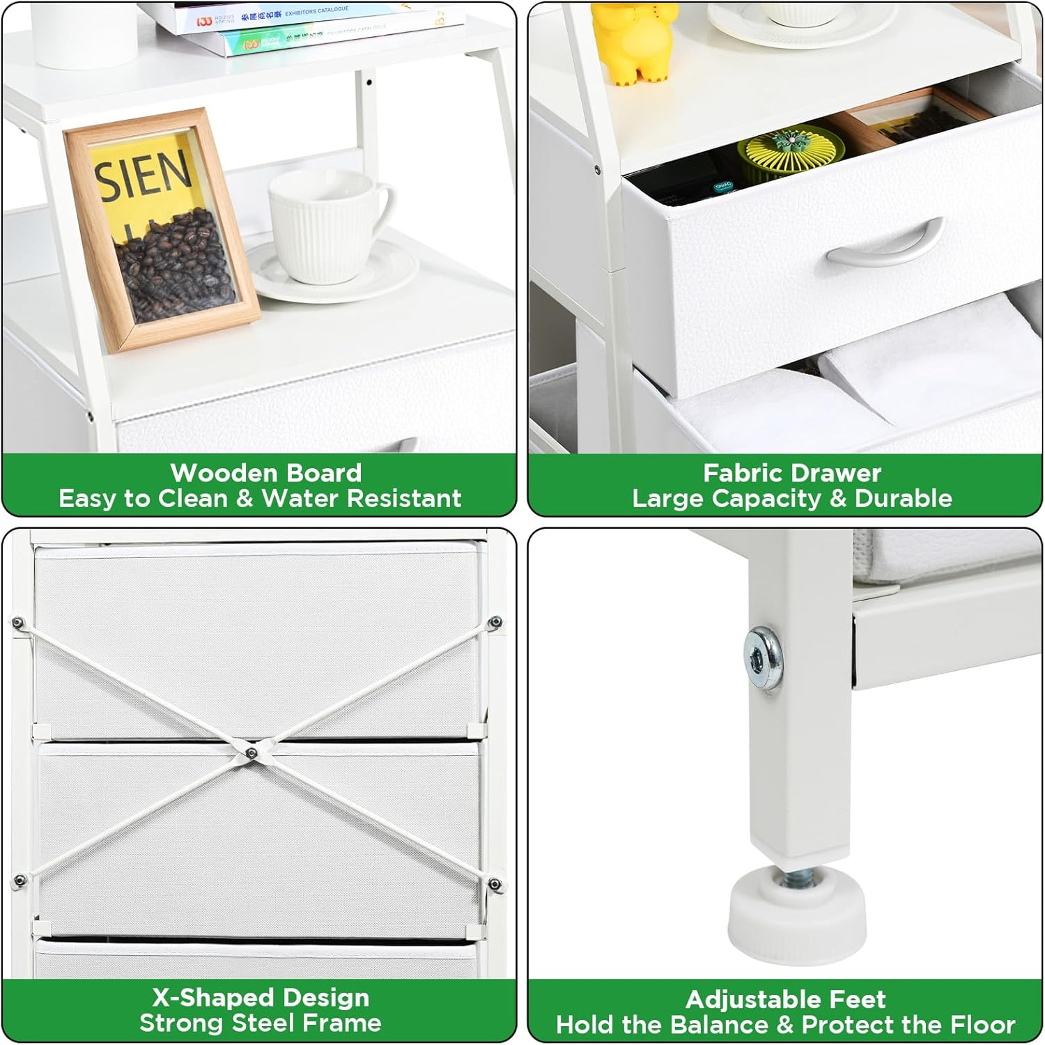 5 Drawers White Tall Fabric Dresser for Bedroom, Dorm Nightstand | Vertical Storage Tower Closet Organizer, Skinny Narrow Bedside Table for Entryway, Steel Frame, Wooden Top
