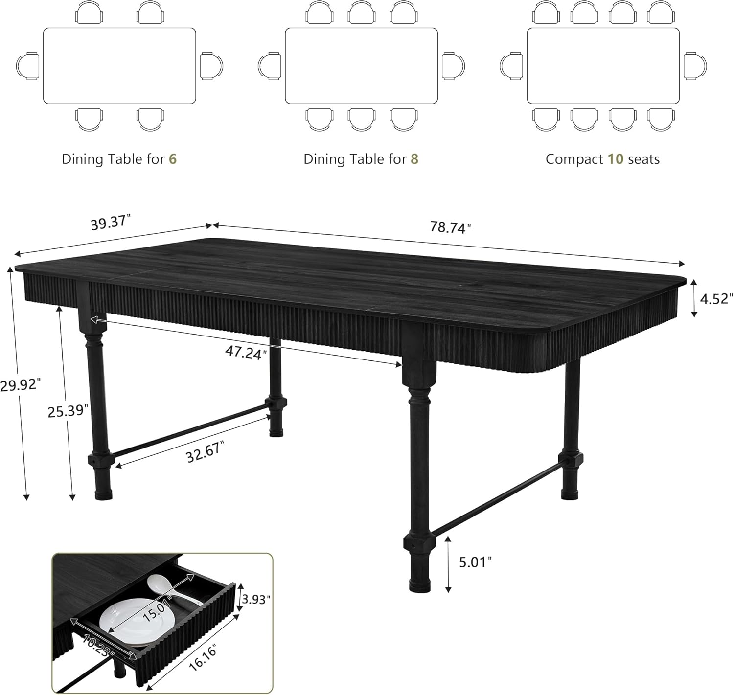 78 Inch Fluted Kitchen Dining Table for 6 8 10, Large Rectangular Kitchen Table with Drawers, Mid Century Modern Long Dinner Table Dining Room Tables with Solid Wood Legs for Home Living Room, Black