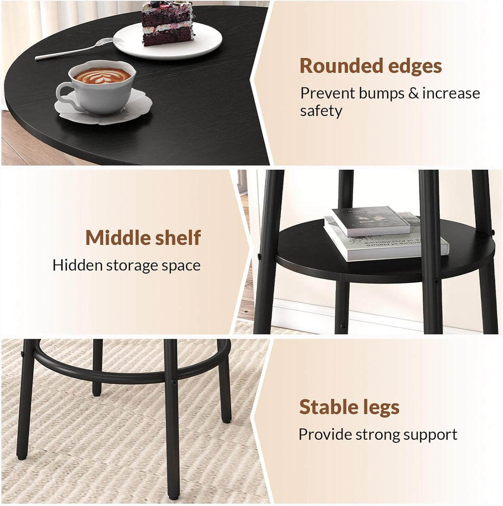 Zevemomo 3 Pieces Round Bar Table Set, Small Dining Table for 2, Black Kitchen Bar Table, Breakfast Table with Storage, 2 Thickened Cushion Stools with Backrest for Dining Room & Bistro-Black