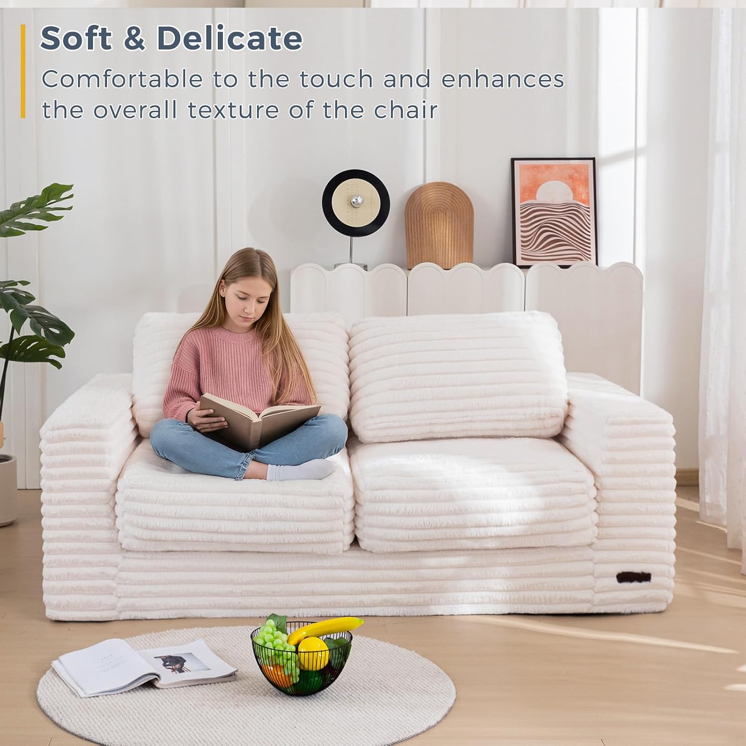 MAXYOYO Bean Bag Chair for Adults, Upholstered Loveseat Floor Sofa with Pillows and Armrests, Large Bean Bag Sofa Plush Couch for Bedroom Living Room, White